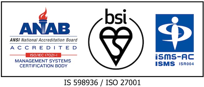 ISMS（情報セキュリティマネジメントシステム）とANAB（米国国家認定機関）の外部認証ロゴが表示されています。